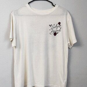 Lucky Brand Rose Graphic Tee White Red Floral V-Neck T-Shirt M